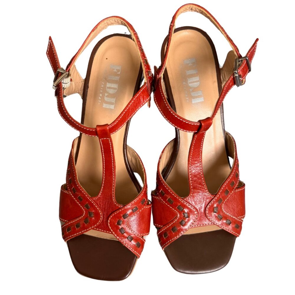 Fidji Orange Leather T-Strap Sandals Buckle Ankle Comfort Artisan Size 8.5 - Picture 3 of 8